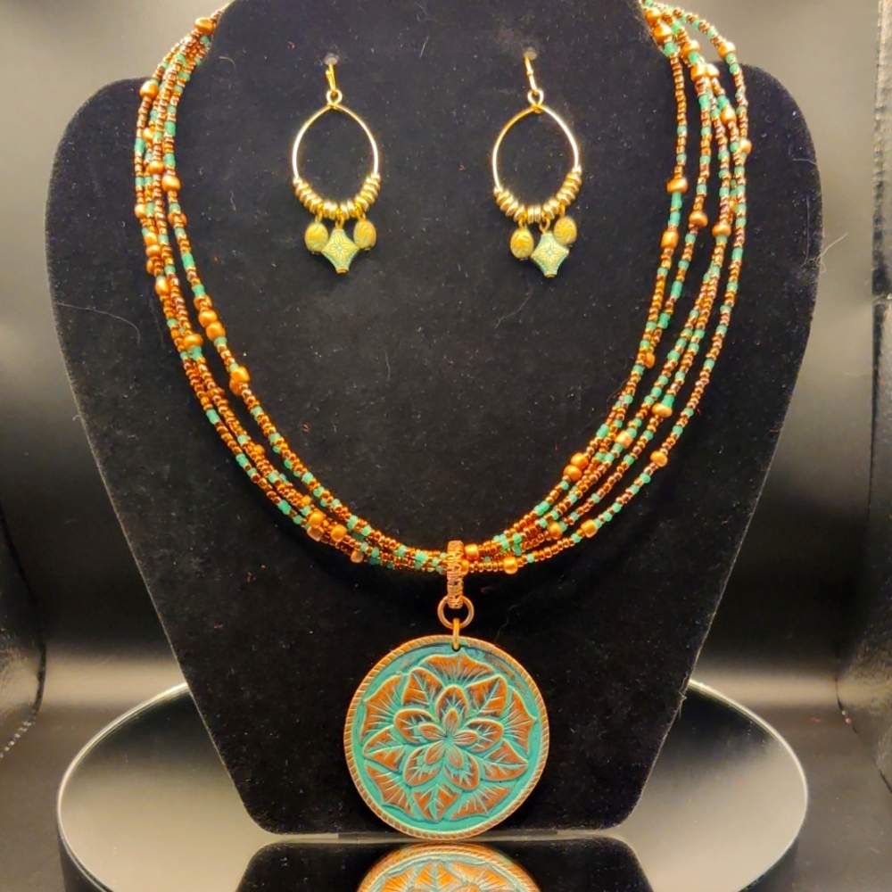 Coldwater Creek Beaded Necklace & Earring Set – Teal & Copper Boho Chic
